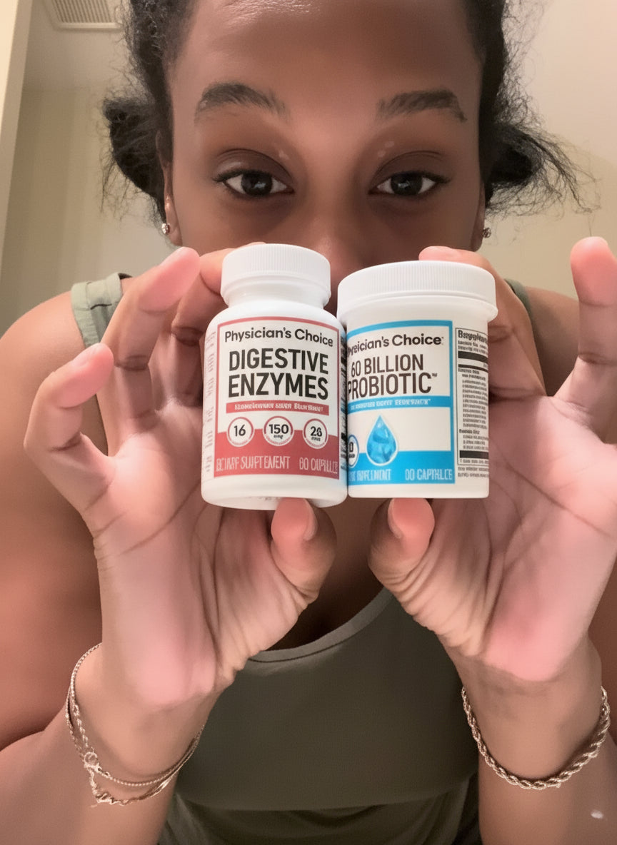 Person holding two supplement bottles labeled 'Digestive Enzymes' and 'Probiotic' in front of their face.