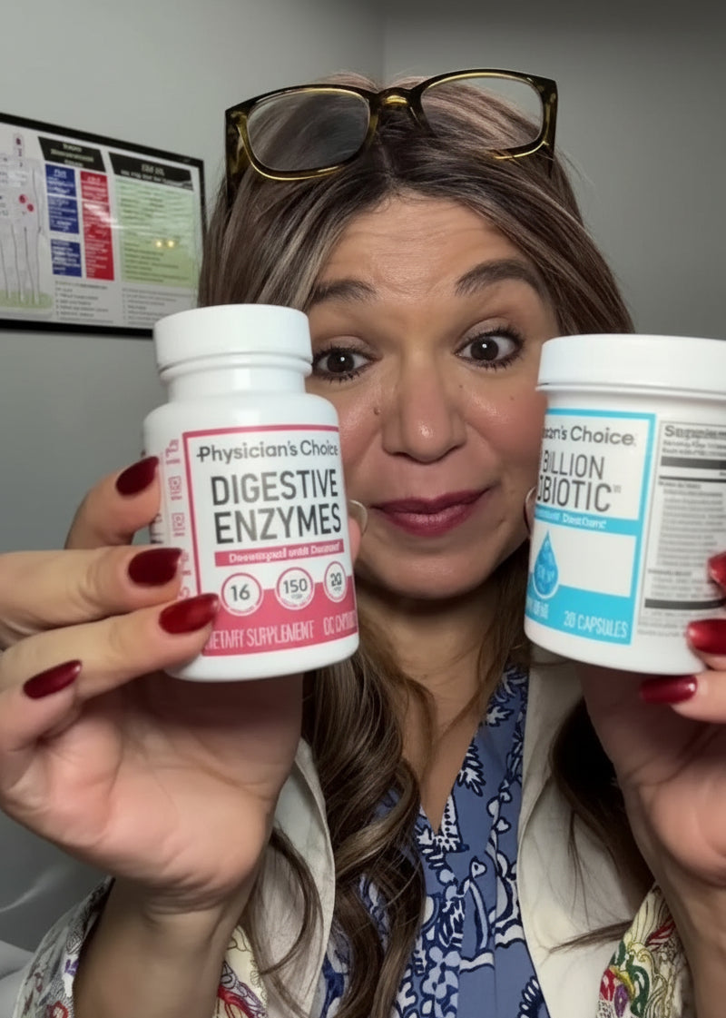 Person holding two supplement containers labeled 'Physician's Choice Digestive Enzymes' and 'Biolith Probiotic'.